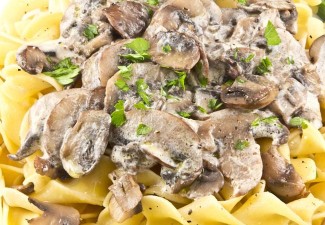 Photo: Close up hearty mushroom stroganoff with pasta noodles